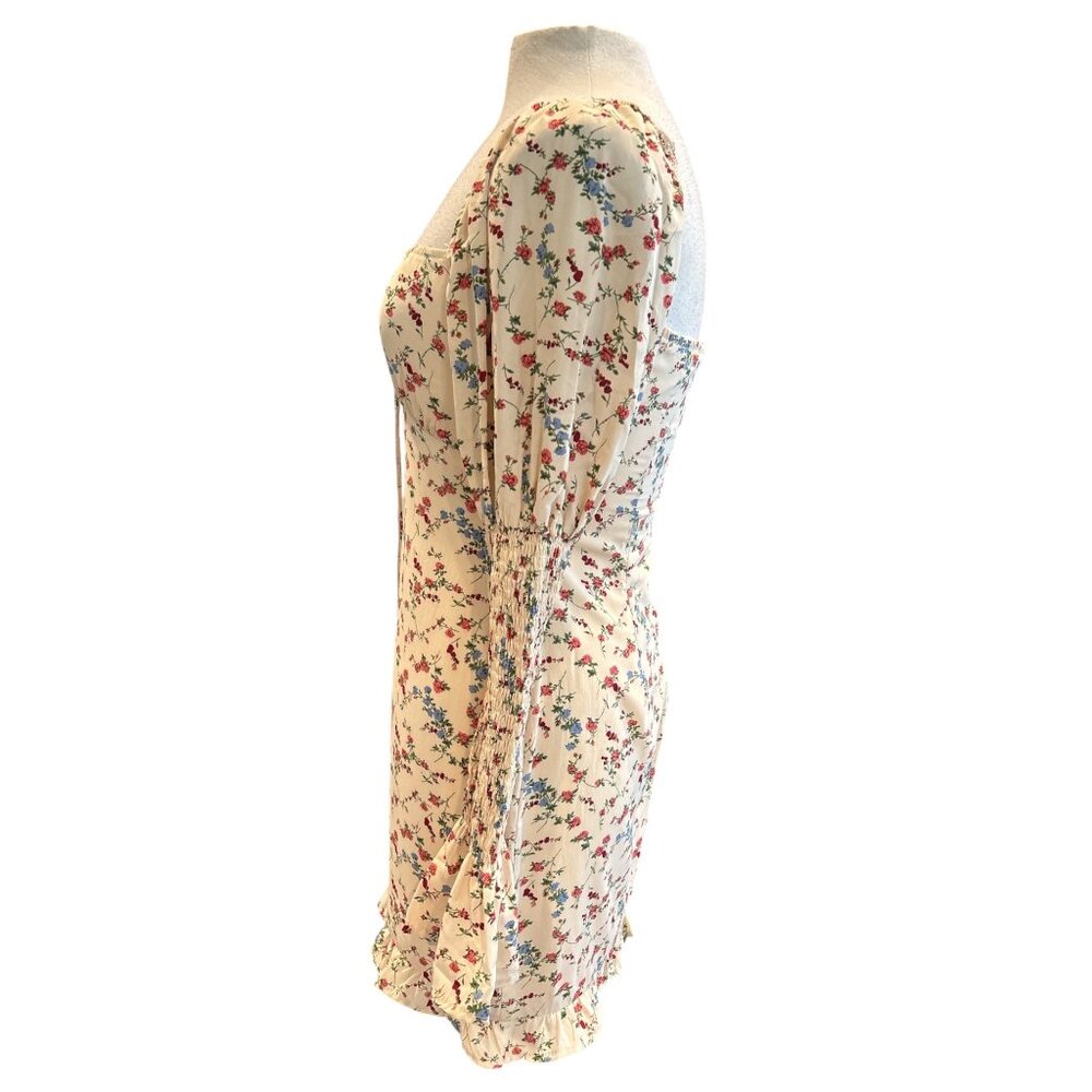 Native Daughters Cream Floral Mini Dress | Cottagecore Puff Sleeve Smocked Cuffs - Picture 2 of 8